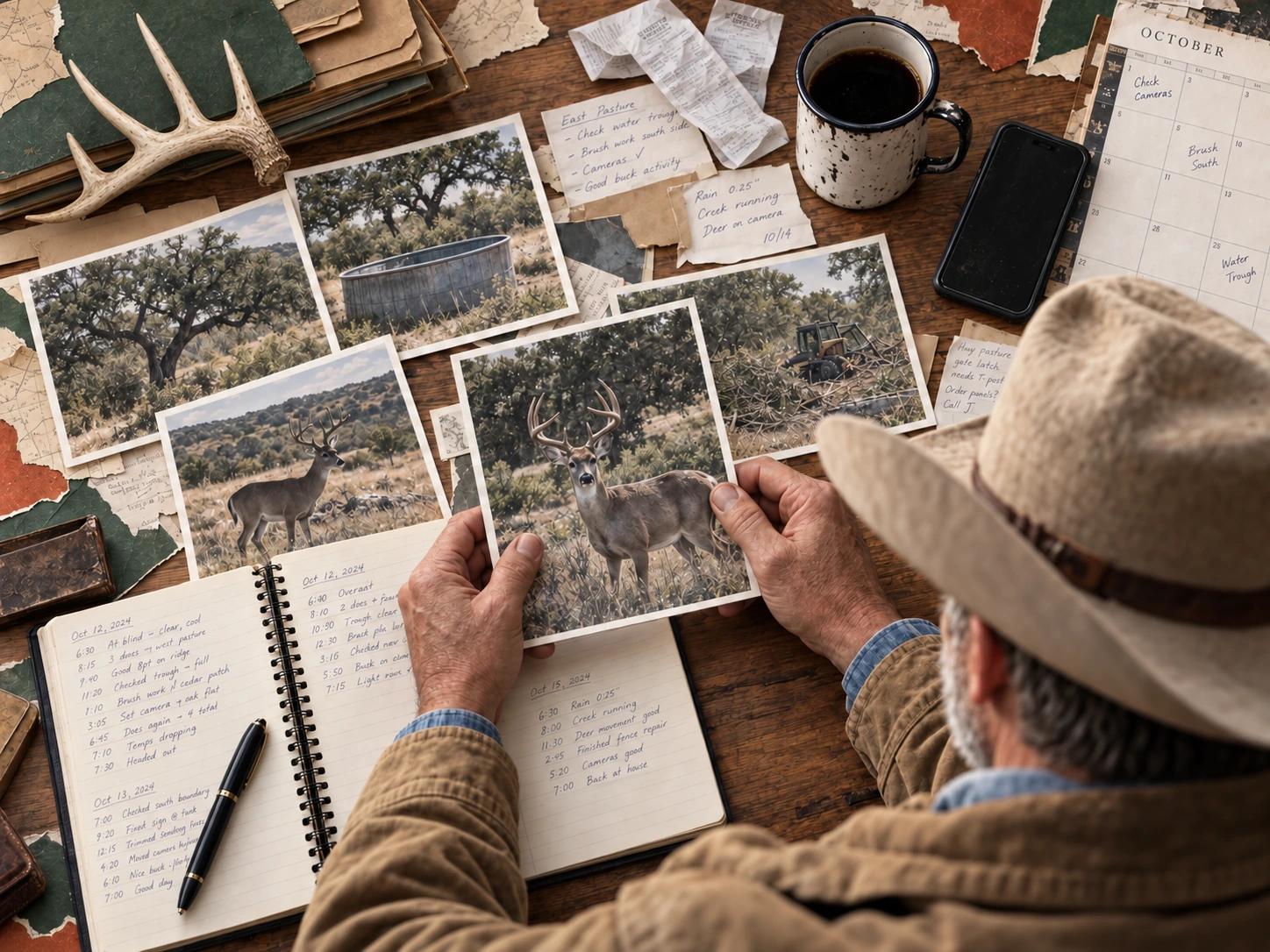 Texas landowner reviewing a white-tailed deer photograph beside a written field logbook, pen, shed antler, and wildlife habitat photos.